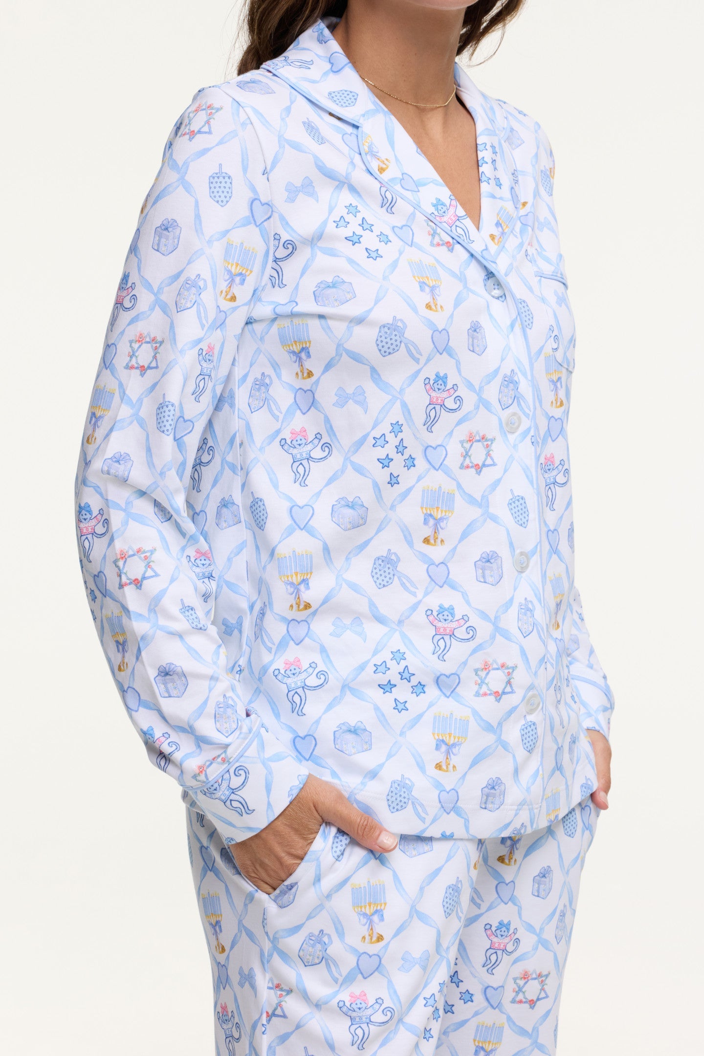 LoveShackFancy x Roller Rabbit Starry Nights Lattice Long Sleeve Polo Pajamas
