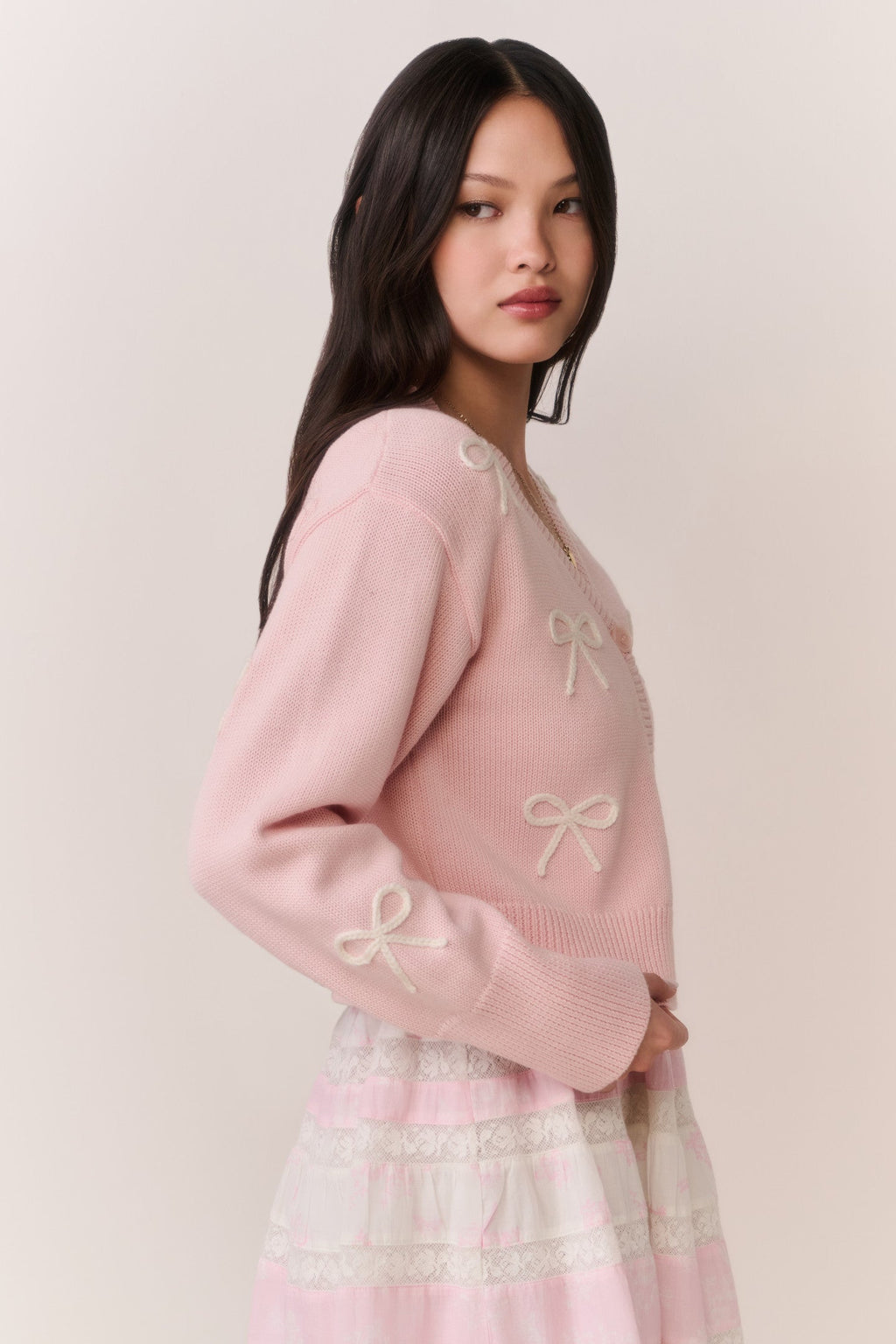 Francette Cotton Bow Embroidered Cardigan