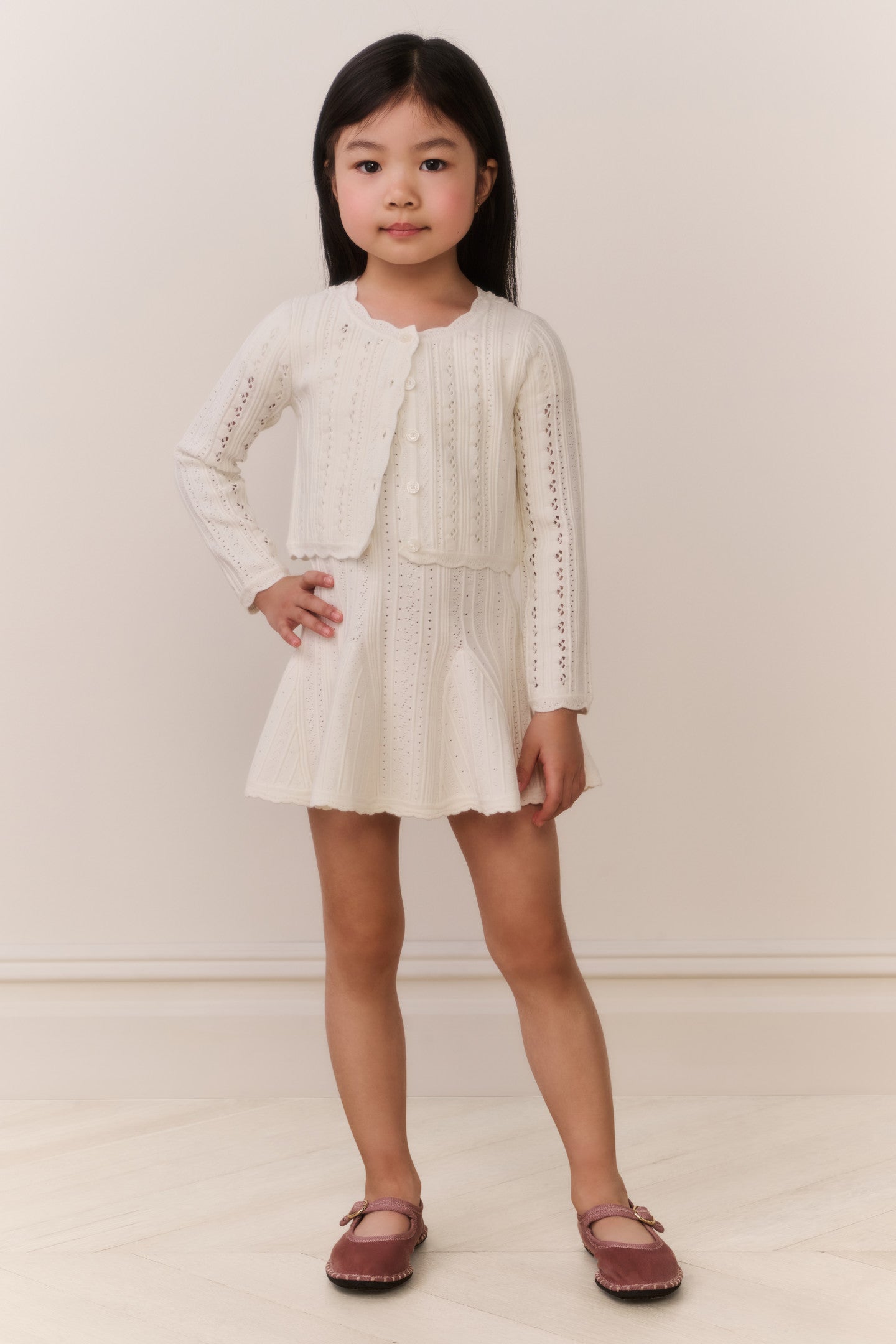 Little Girls Emlynn Pointelle Cardigan - WHITE TEA