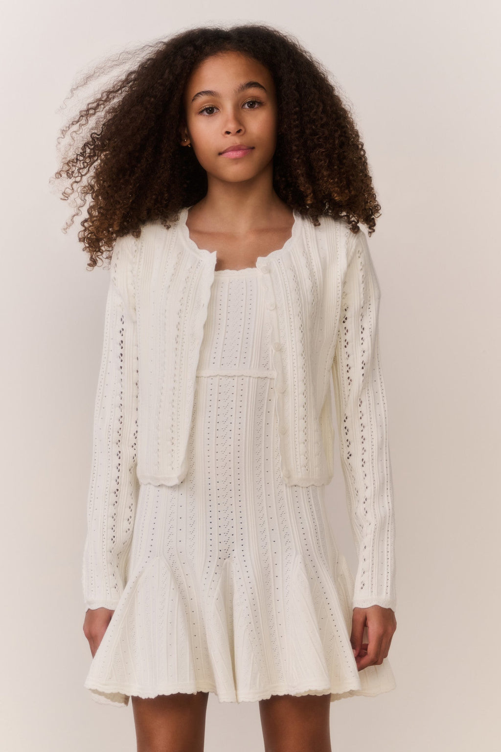Tween Emlynn Stretch Pointelle Cardigan - WHITE TEA