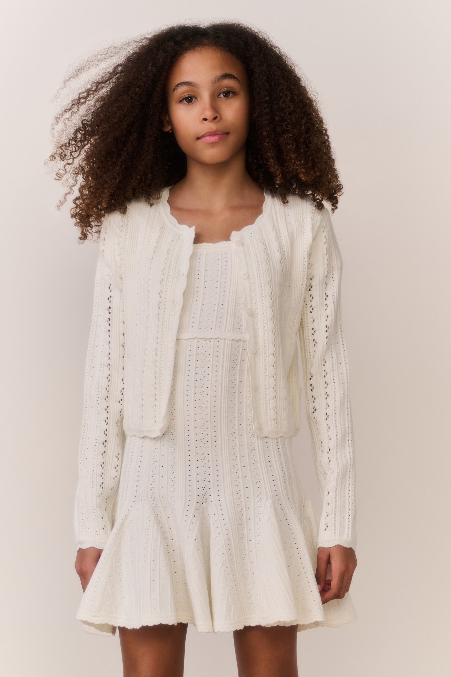 Tween Emlynn Stretch Pointelle Cardigan - WHITE TEA