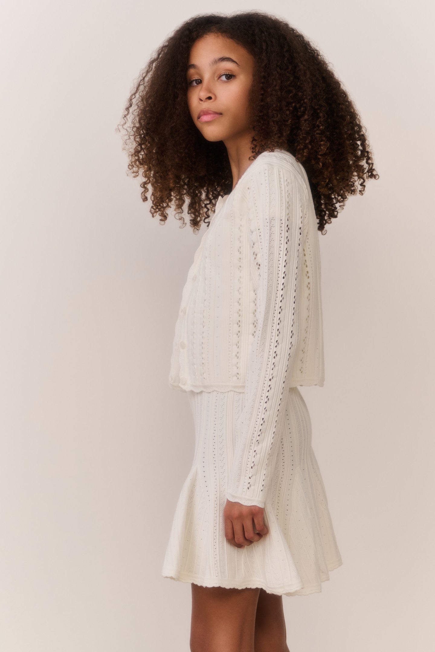 Tween Emlynn Stretch Pointelle Cardigan - WHITE TEA