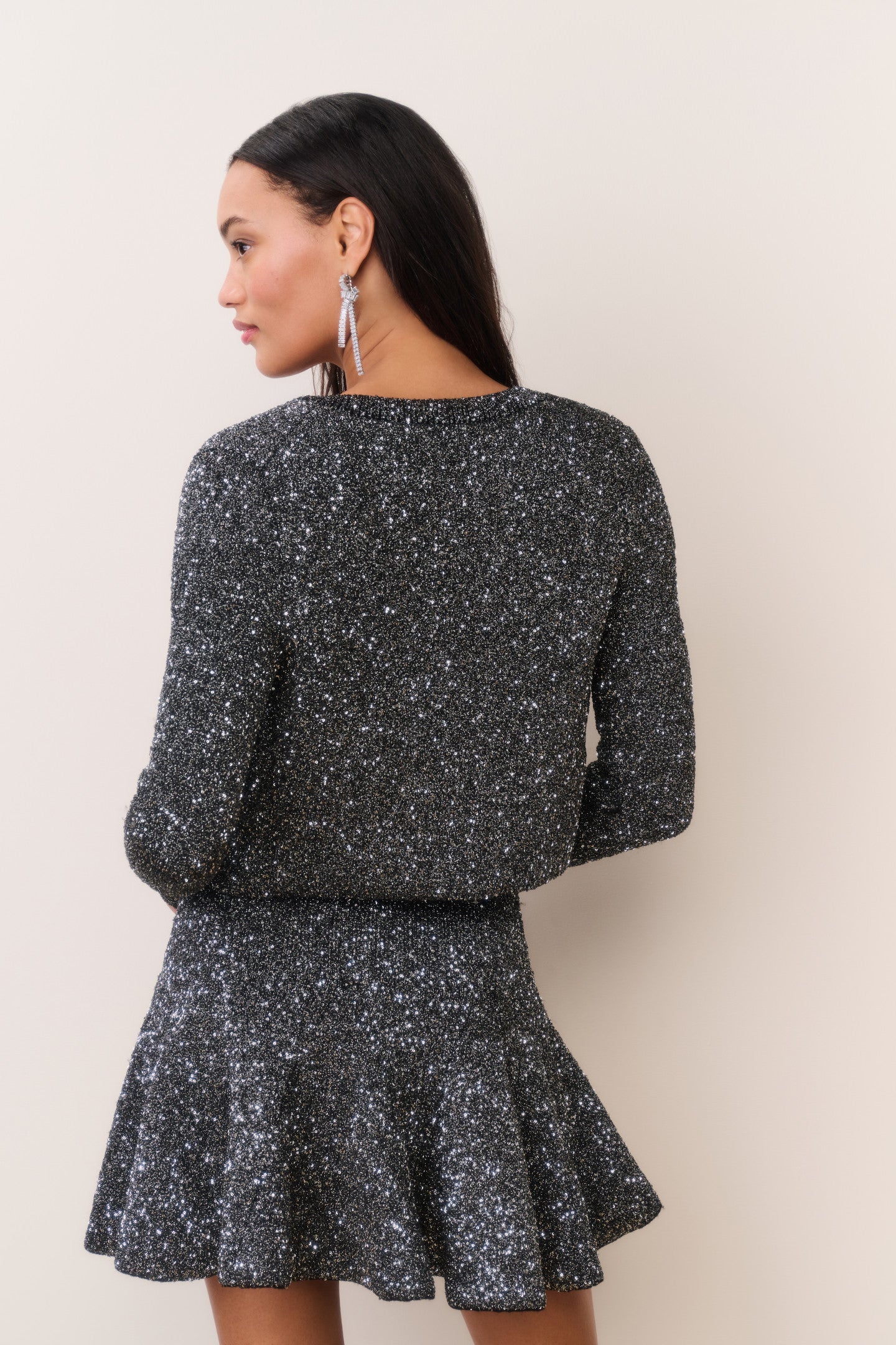 Ferra Sequin Stretch Knit Cardigan - BLACK