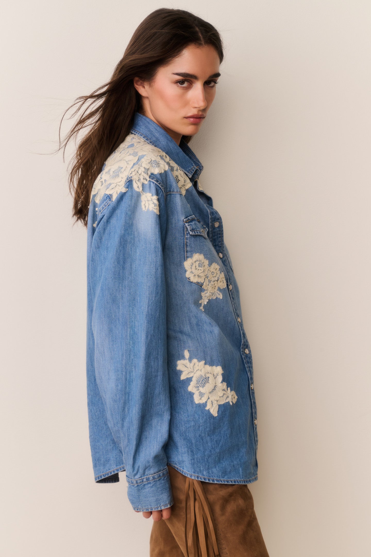 Kelith Lace Appliqué Chambray Shirt
