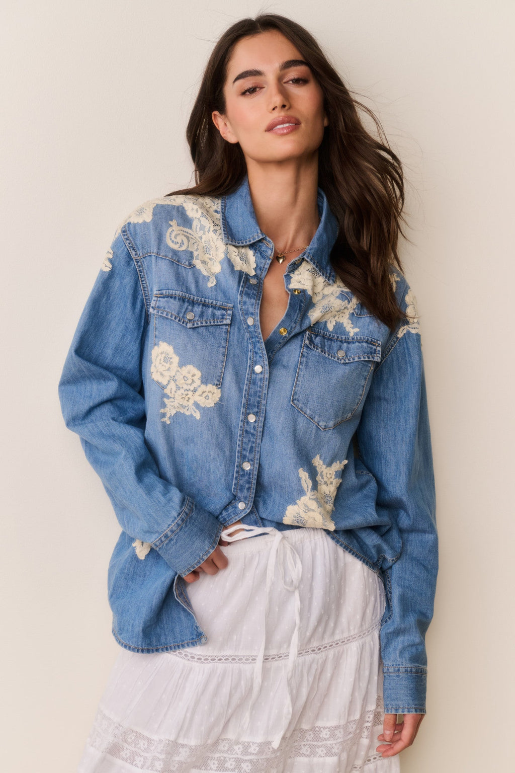 Kelith Lace Appliqué Chambray Shirt