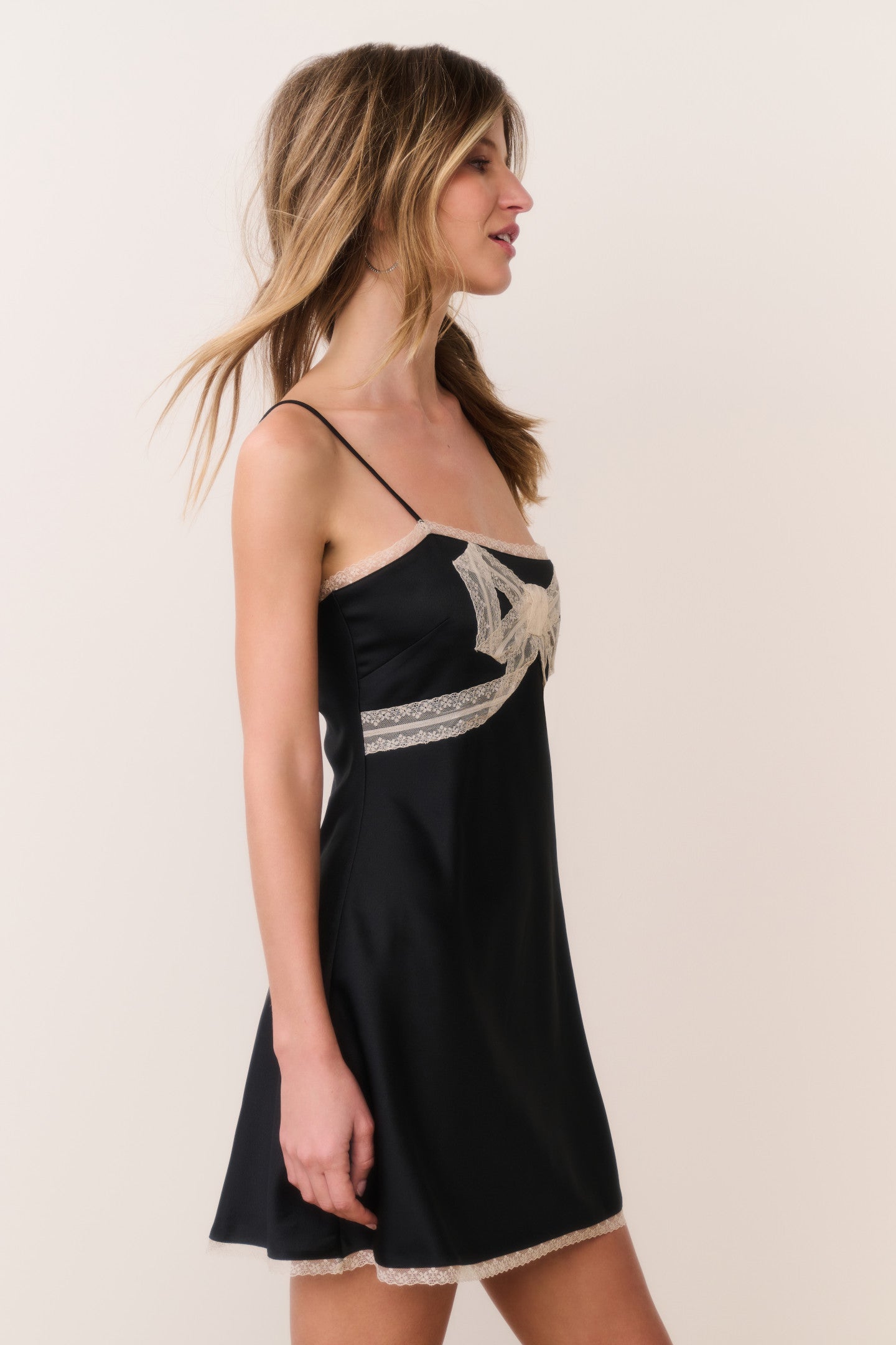 Mirelis Lace Bow Crepe Mini Dress - BLACK