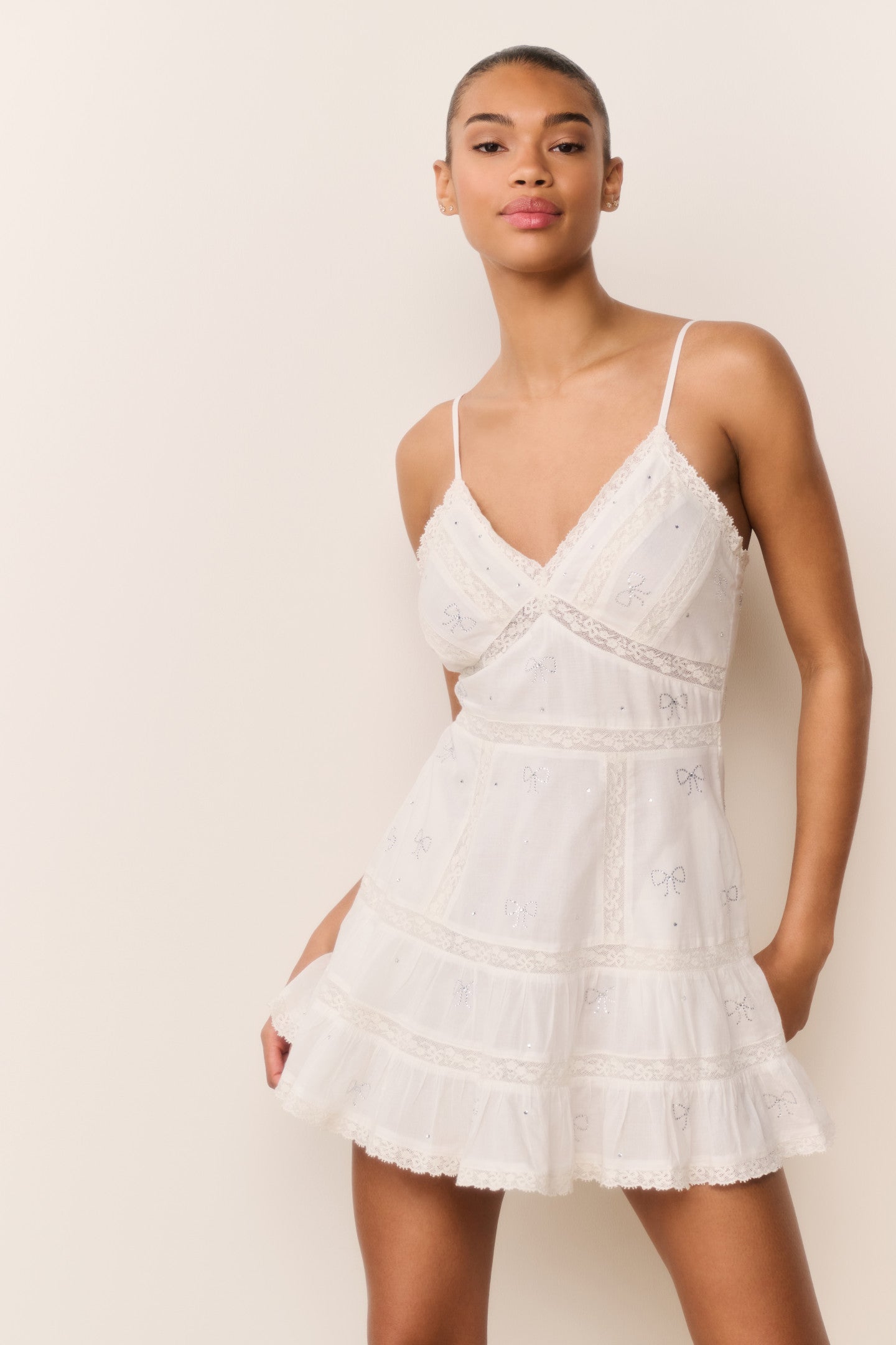 Solbina Crystal Bow Cotton Mini Dress - WHITE
