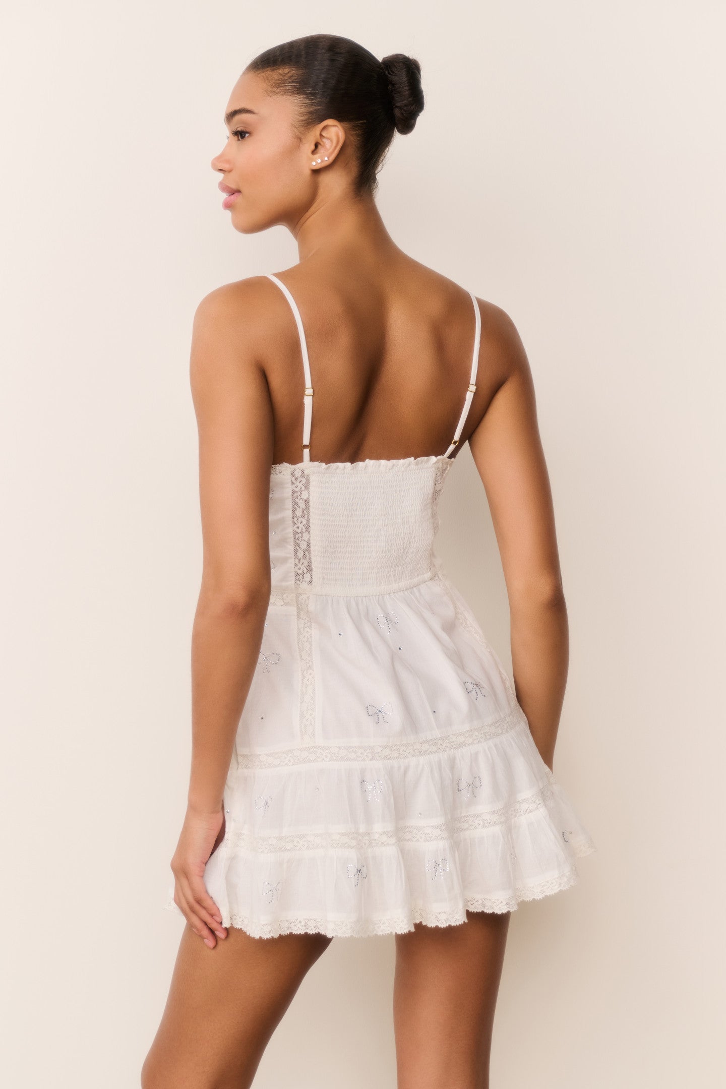 Solbina Crystal Bow Cotton Mini Dress - WHITE