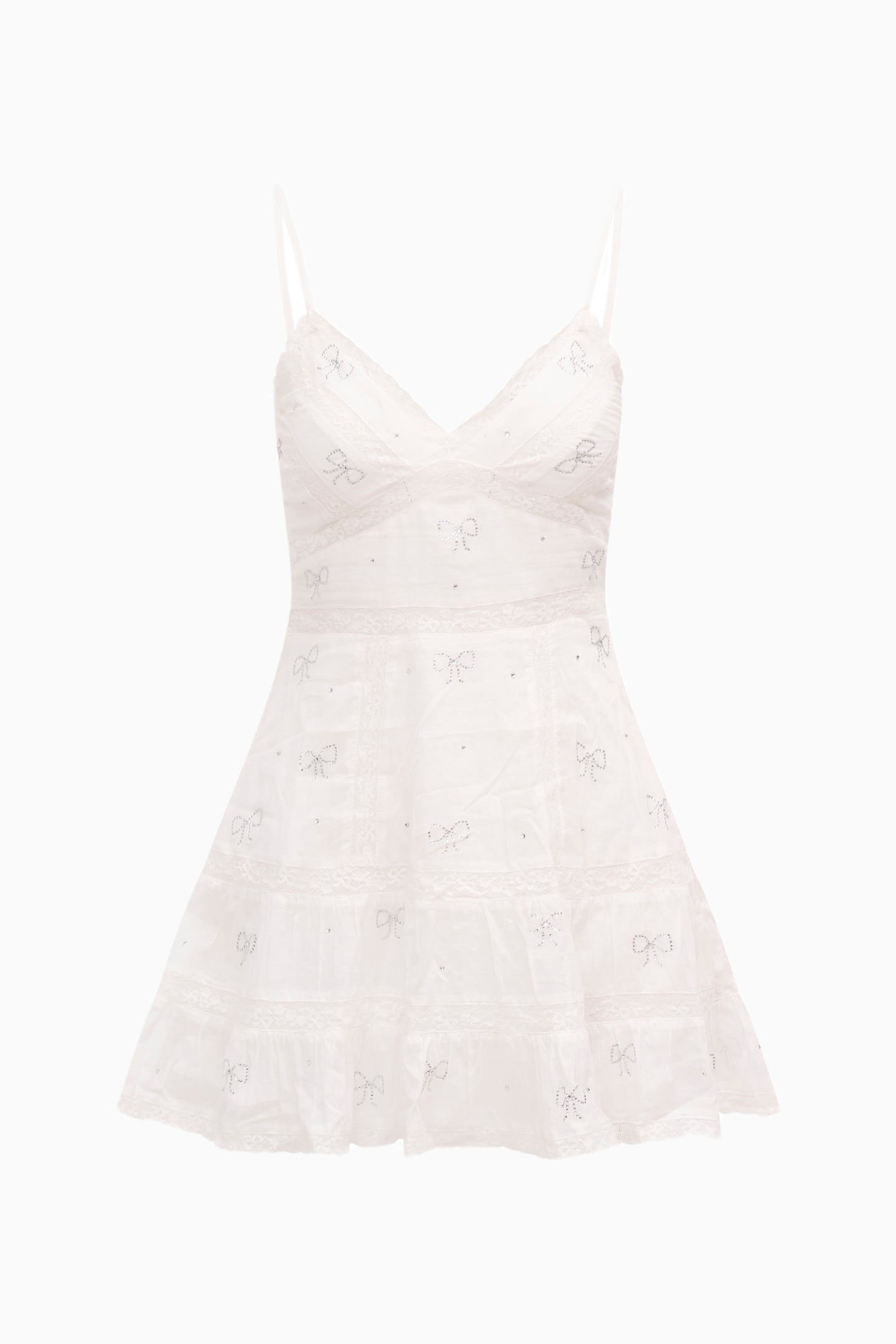 Solbina Crystal Bow Cotton Mini Dress - WHITE